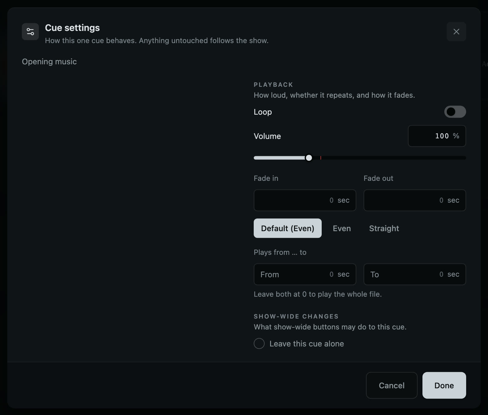 A sound cue has the same right hand column and no screen to choose.
