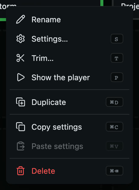 The menu on a cue. Paste is grey until something has been copied.
