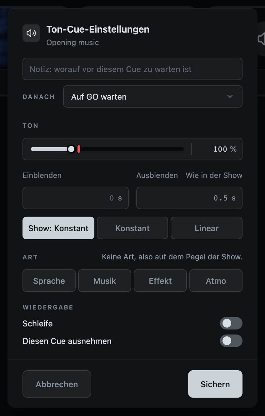 Ein Ton-Cue: seine Blenden, sein Pegel und seine Art, und wie er spielt.