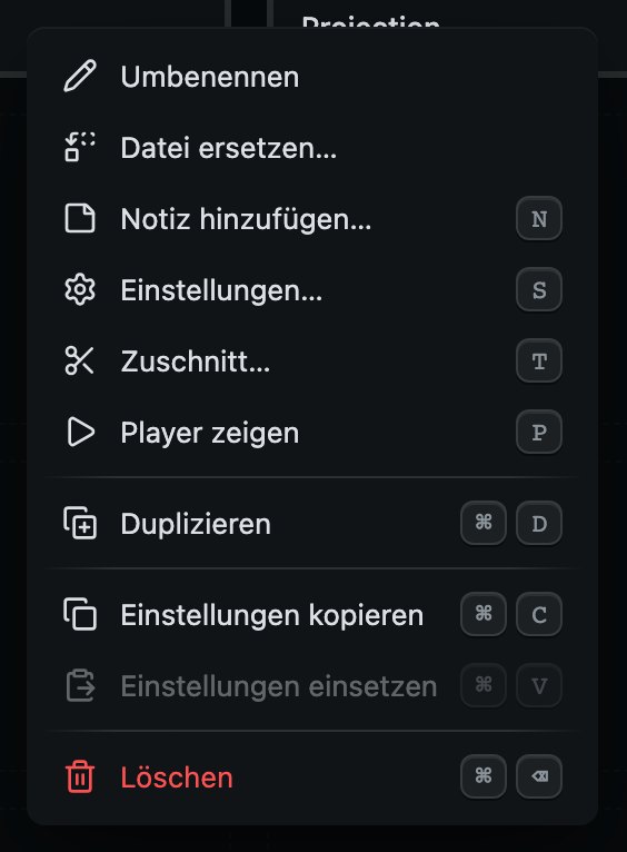 Das Menü eines Cues, solange eine Show gebaut wird, mit seinen Tasten. „Einsetzen“ ist grau, bis von einem Cue derselben Sorte die Einstellungen kopiert wurden.