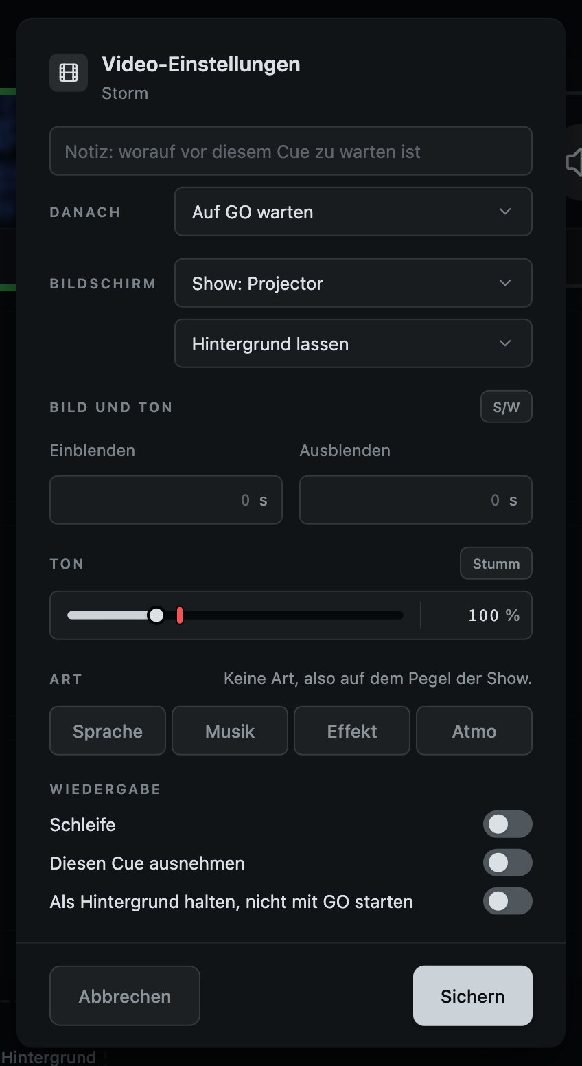 Ein Video-Cue. Ein Einblenden und ein Ausblenden, für das Bild und den Ton, mit dem es kam.