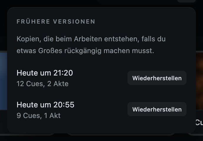 Frühere Versionen: die Kopien, die beim Arbeiten entstanden sind. „Wiederherstellen“ neben einer geht zu ihr zurück und fragt vorher.