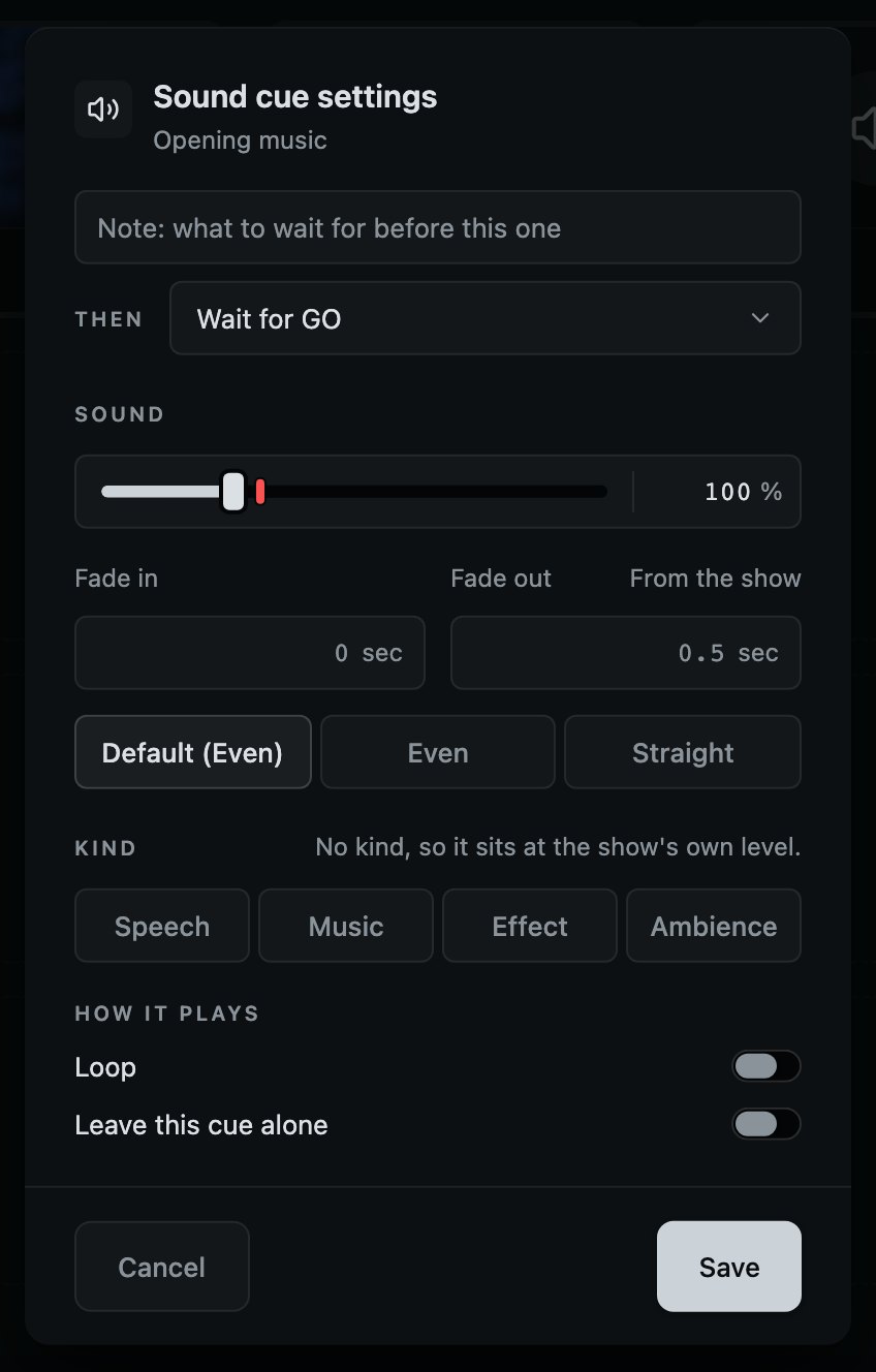 A sound cue: its fades, its level and its kind, and how it plays.