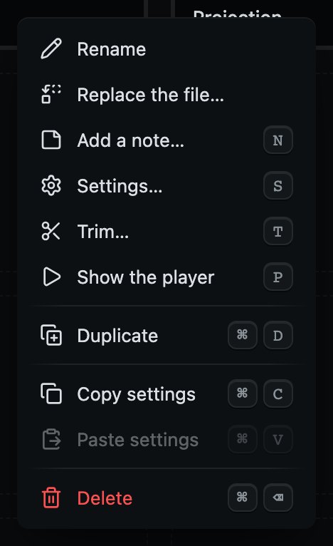 The menu on a cue while a show is being built, with its keys. Paste is grey until a cue of the same kind has had its settings copied.