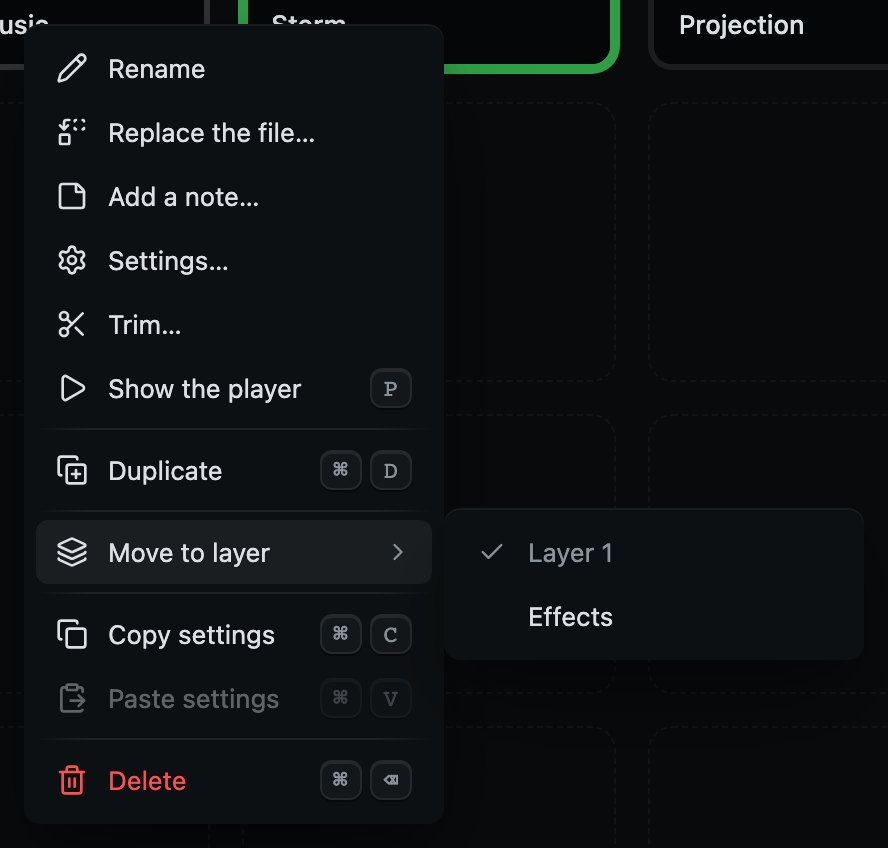 Moving a cue: one line on its menu, with the layers beside it. The one it is on is ticked.