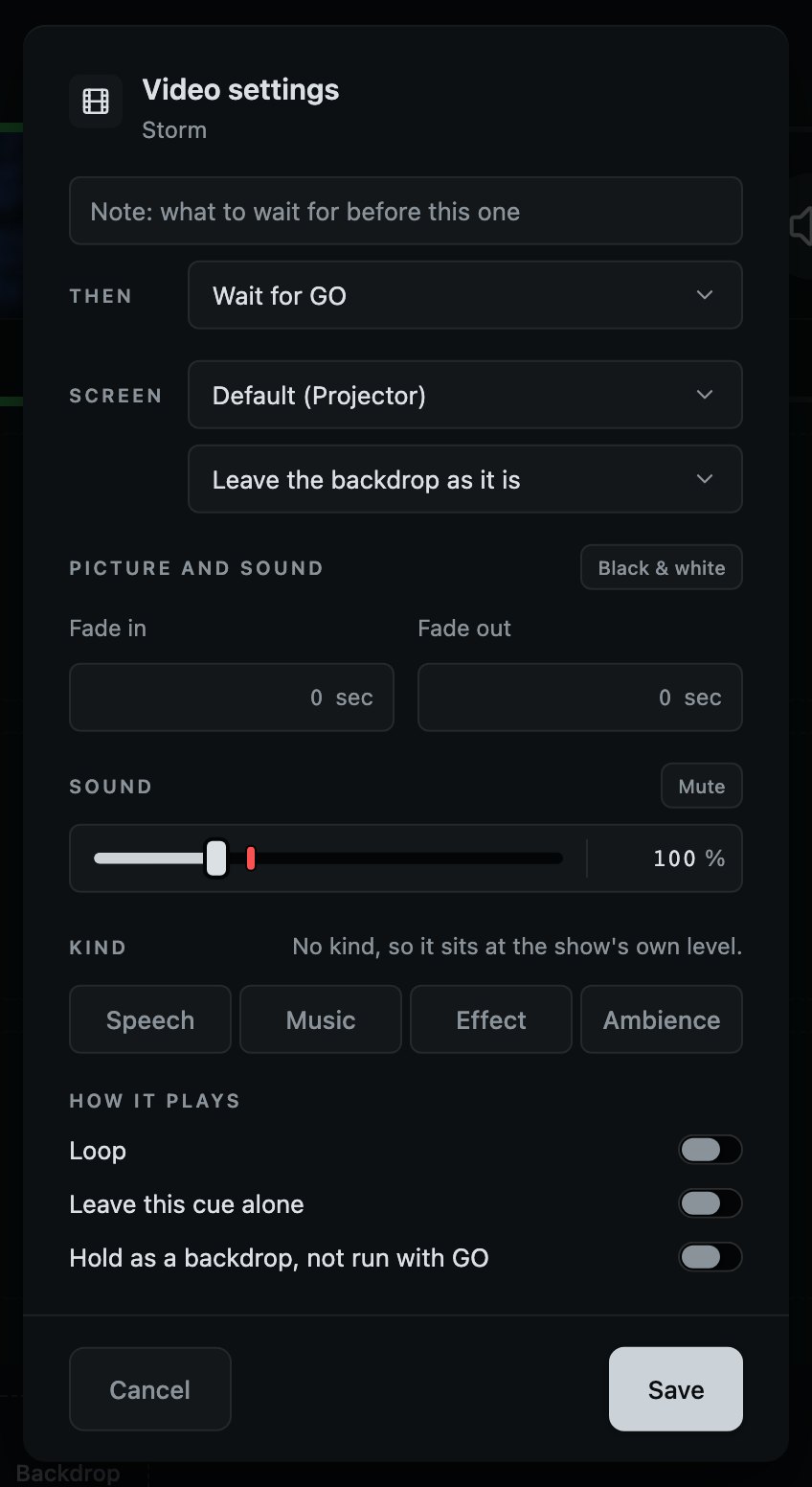 A video cue. One fade in and one fade out, for the picture and the sound it came with.