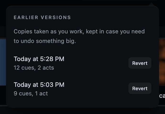 Earlier versions: the copies taken while you were working. Revert beside one goes back to it, and asks first.