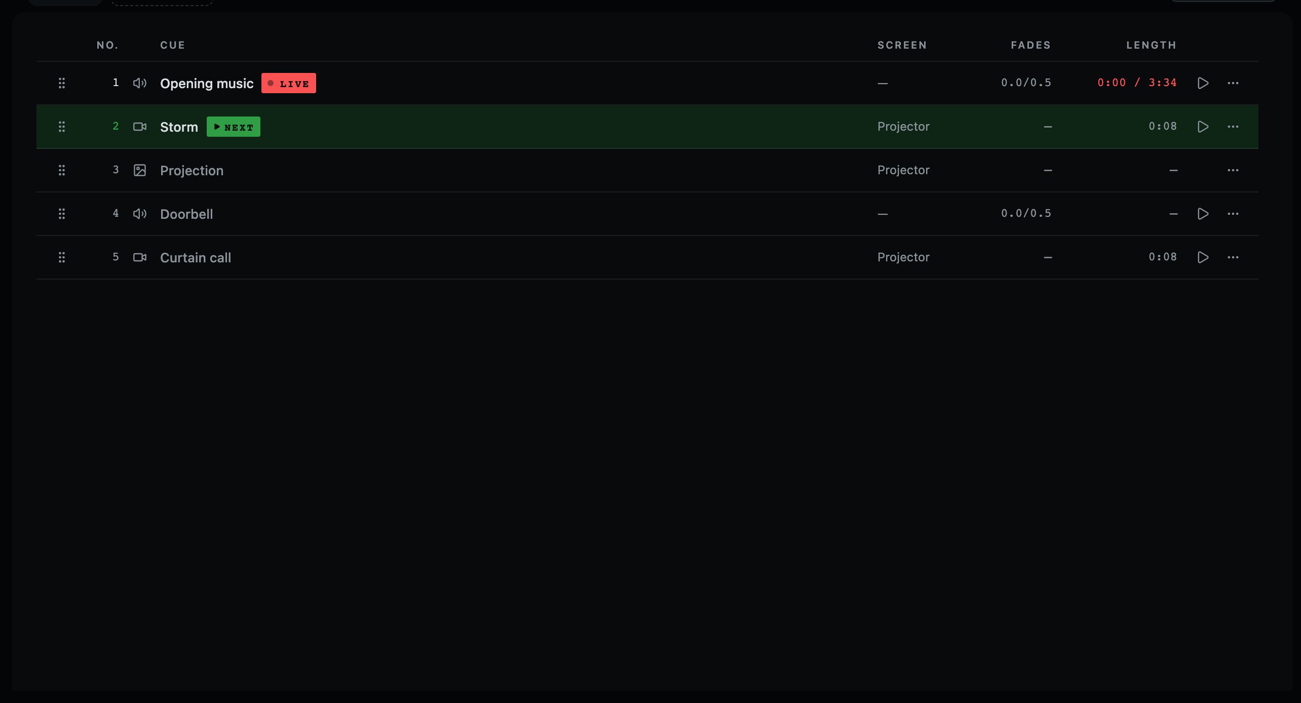 The same running order, read as a list.