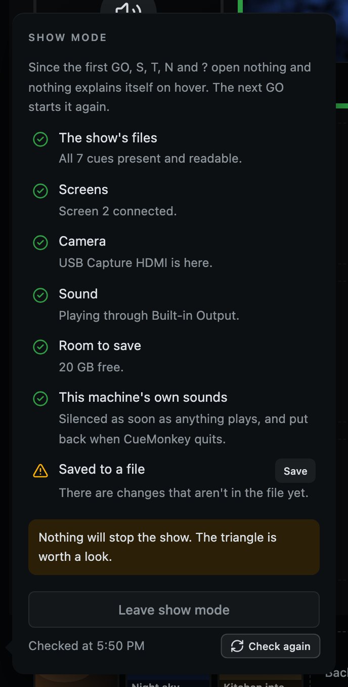 The whole list, opened from the row. A green tick is fine, a triangle is worth a look, a red cross would stop the show, and each line says why underneath.