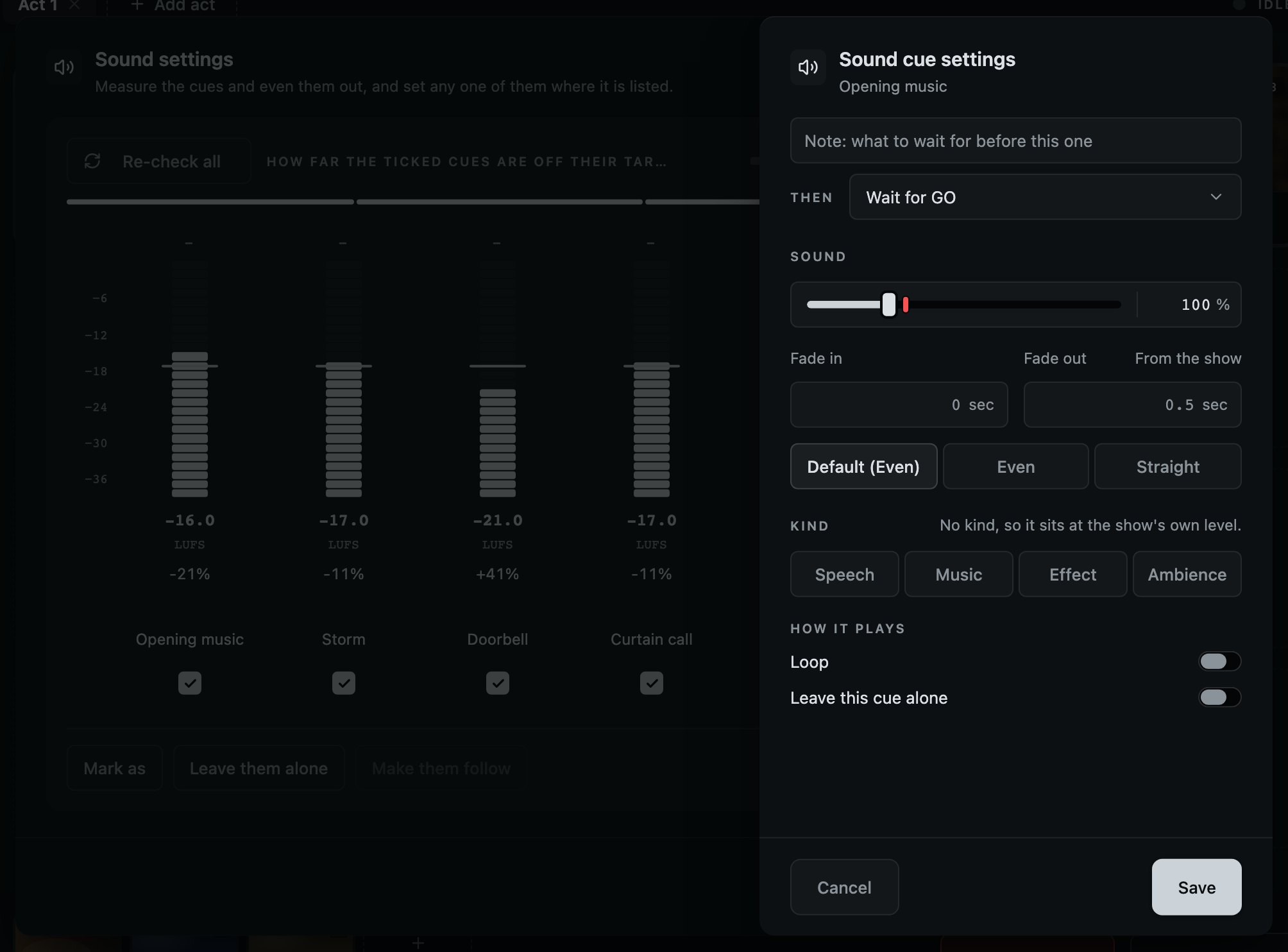 A cue's own settings, slid out of Sound settings at a press on its name.