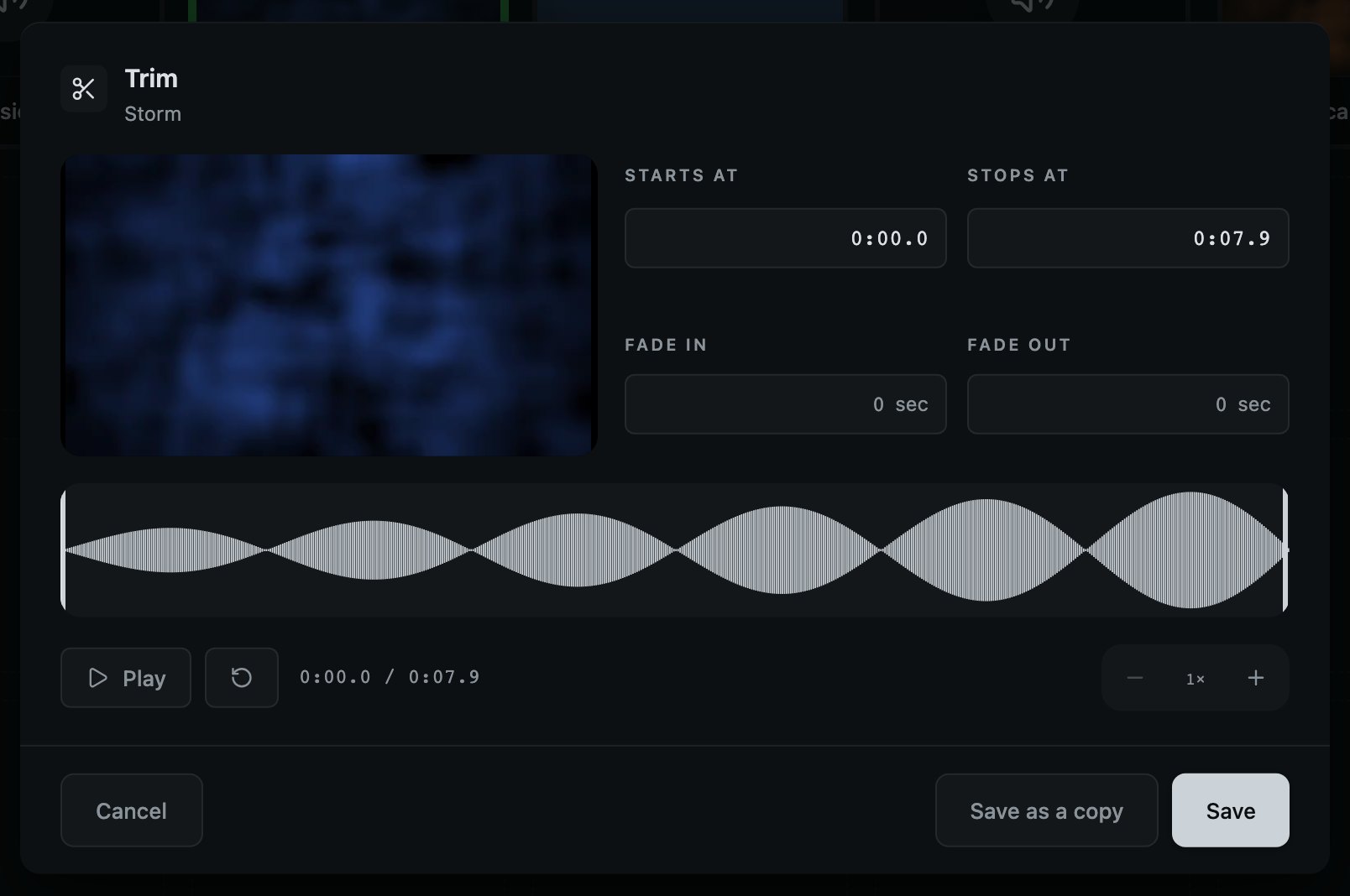 The trim window, opened on a video cue.