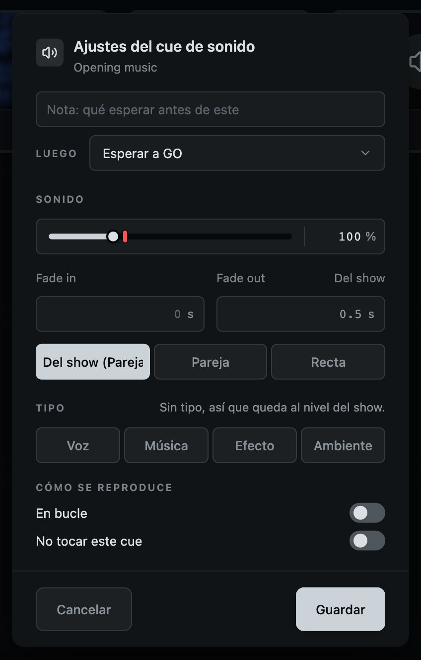 Un cue de sonido: sus fades, su nivel y su tipo, y cómo se reproduce.