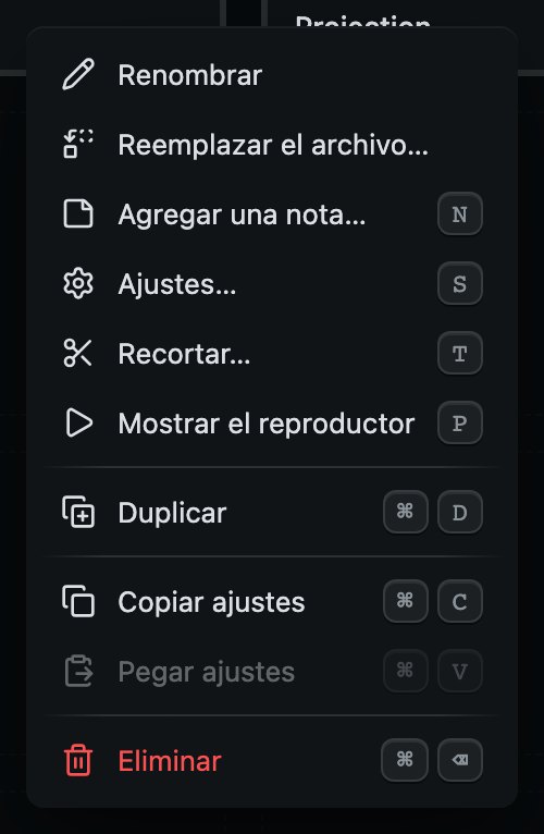 El menú de un cue mientras se arma un show, con sus teclas. Pegar ajustes está gris hasta que se copian los ajustes de un cue del mismo tipo.
