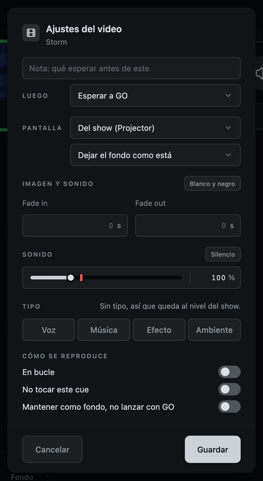 Un cue de video. Un fade in y un fade out, para la imagen y el sonido con el que vino.