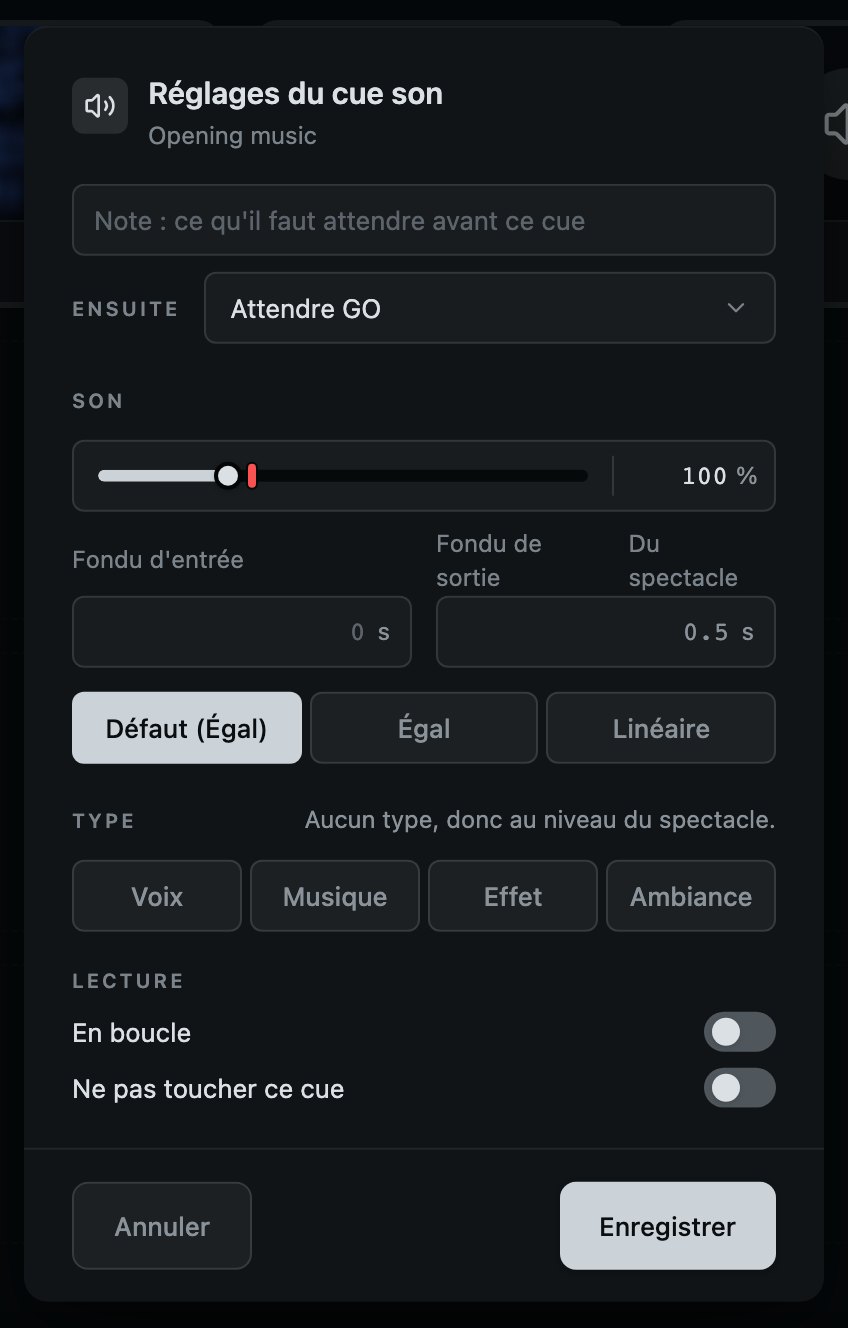 Un cue son : ses fondus, son niveau et son type, et comment il joue.