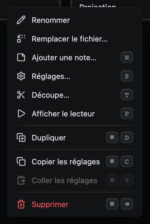 Le menu d'un cue pendant qu'on construit le spectacle, avec ses touches. Coller est grisé tant qu'aucun cue du même genre n'a eu ses réglages copiés.