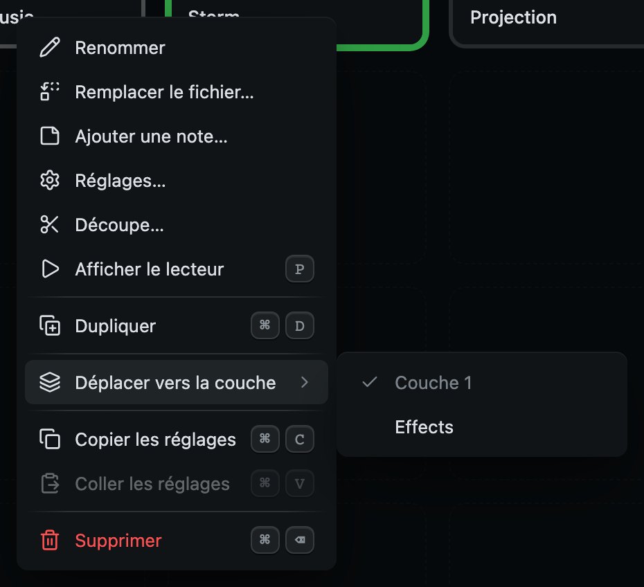 Déplacer un cue : une ligne de son menu, avec les couches à côté. Celle où il est porte une coche.