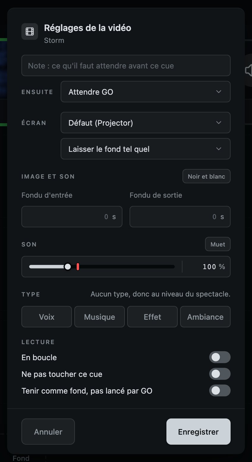 Un cue vidéo. Un fondu d'entrée et un fondu de sortie, pour l'image et le son qui l'accompagne.