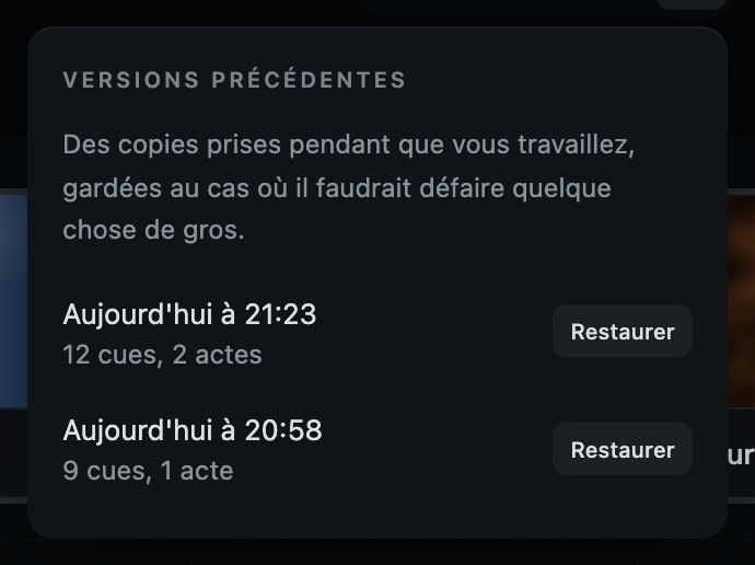 Versions précédentes : les copies prises pendant que vous travailliez. Restaurer, à côté de l'une d'elles, y revient, et demande d'abord.