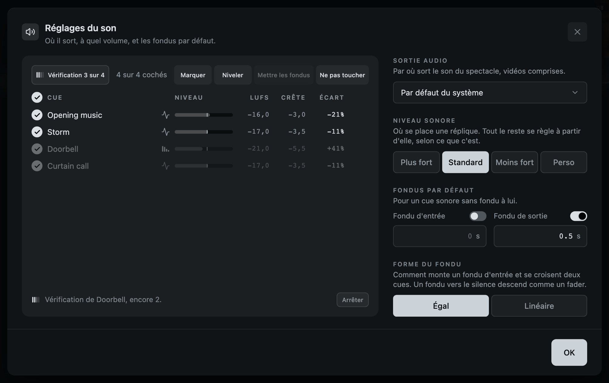 Nouvelle mesure. Le cue en cours est allumé, les autres attendent avec le résultat de la dernière fois.