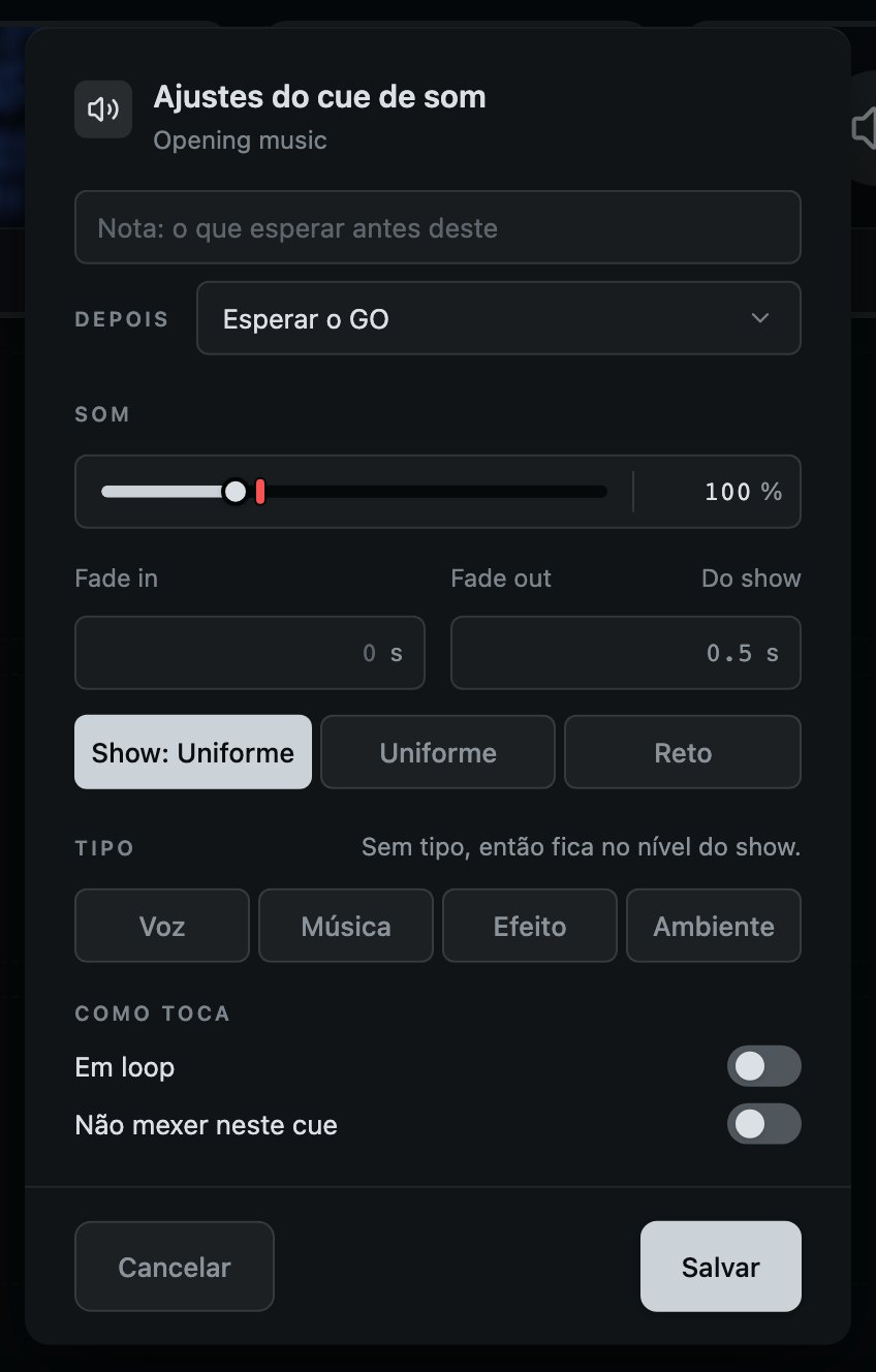 Um cue de som: os fades, o nível e o tipo, e como ele toca.