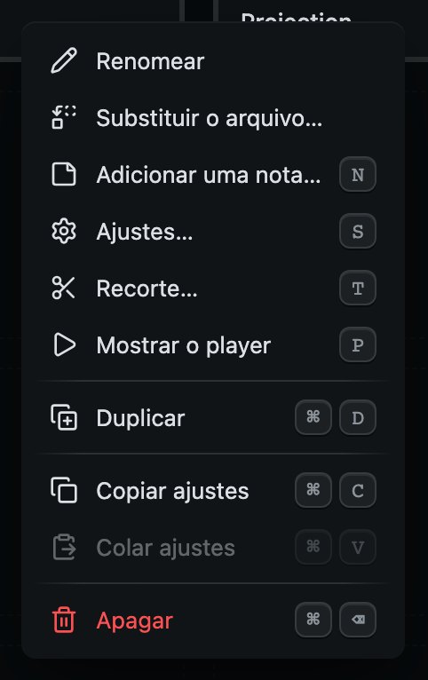 O menu de um cue enquanto um show está sendo montado, com as teclas. Colar fica cinza até um cue do mesmo tipo ter os ajustes copiados.