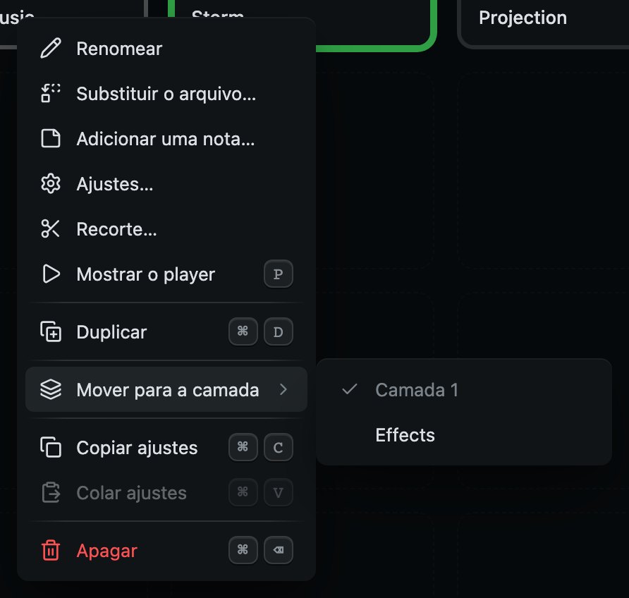 Movendo um cue: uma linha no menu dele, com as camadas ao lado. A camada em que ele está tem um visto.