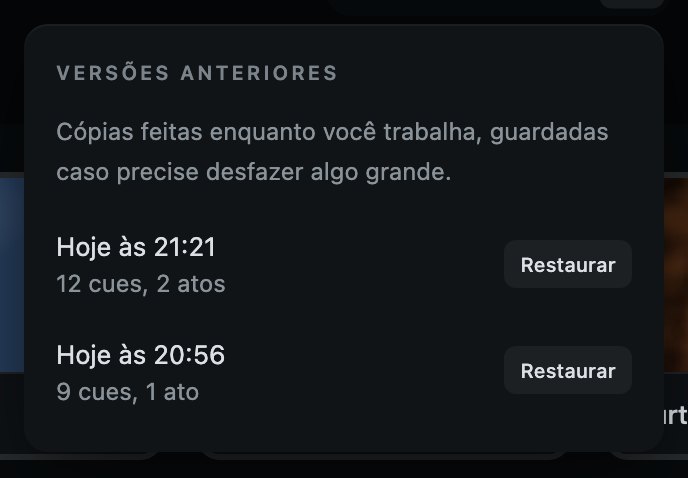 Versões anteriores: as cópias feitas enquanto você trabalhava. Restaurar, ao lado de uma, volta a ela, e pergunta antes.