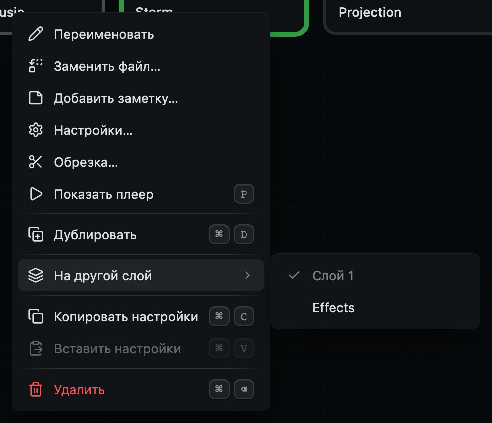 Перенос кью: одна строка в его меню, а рядом слои. Тот, на котором он стоит, отмечен галочкой.