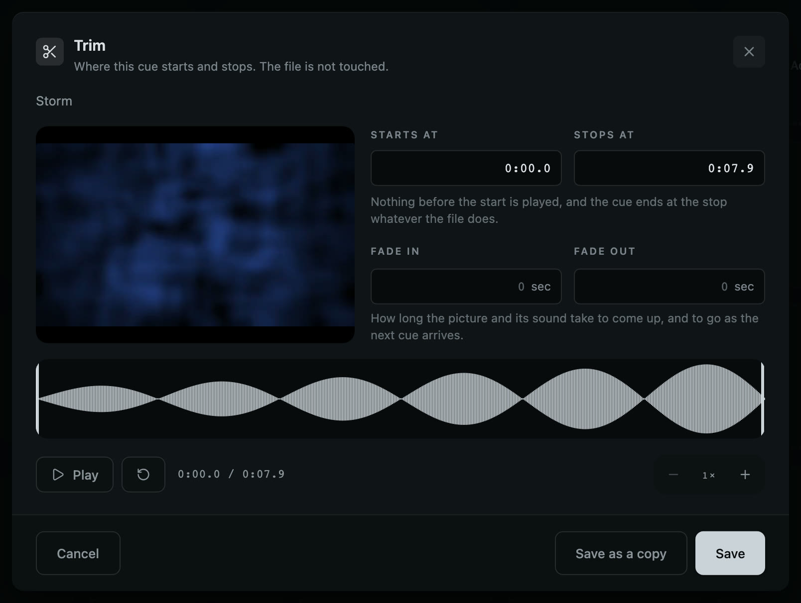 The trim window, opened on a video cue.