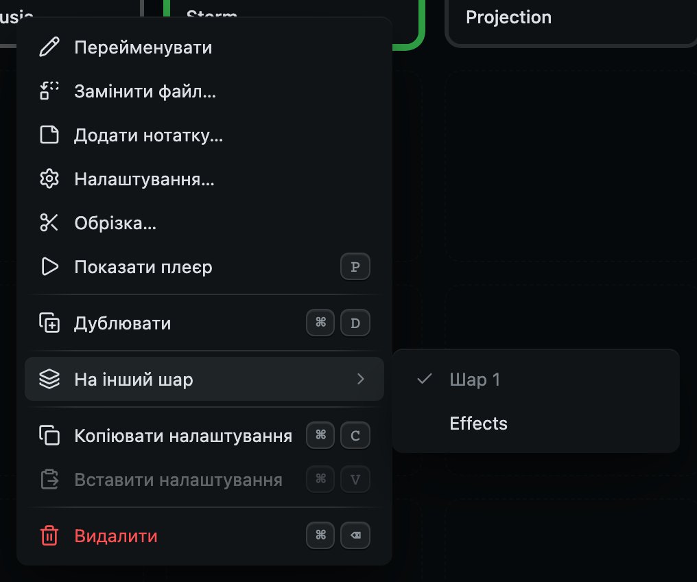 Перенесення к'ю: один рядок у його меню, а поруч шари. Той, на якому він зараз, позначено галочкою.