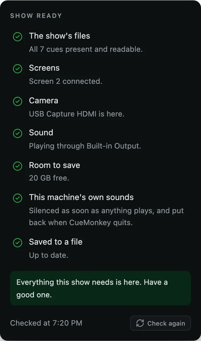 The CueMonkey pre-show check: the show's files, screens, camera, sound and room to save, each with a tick.