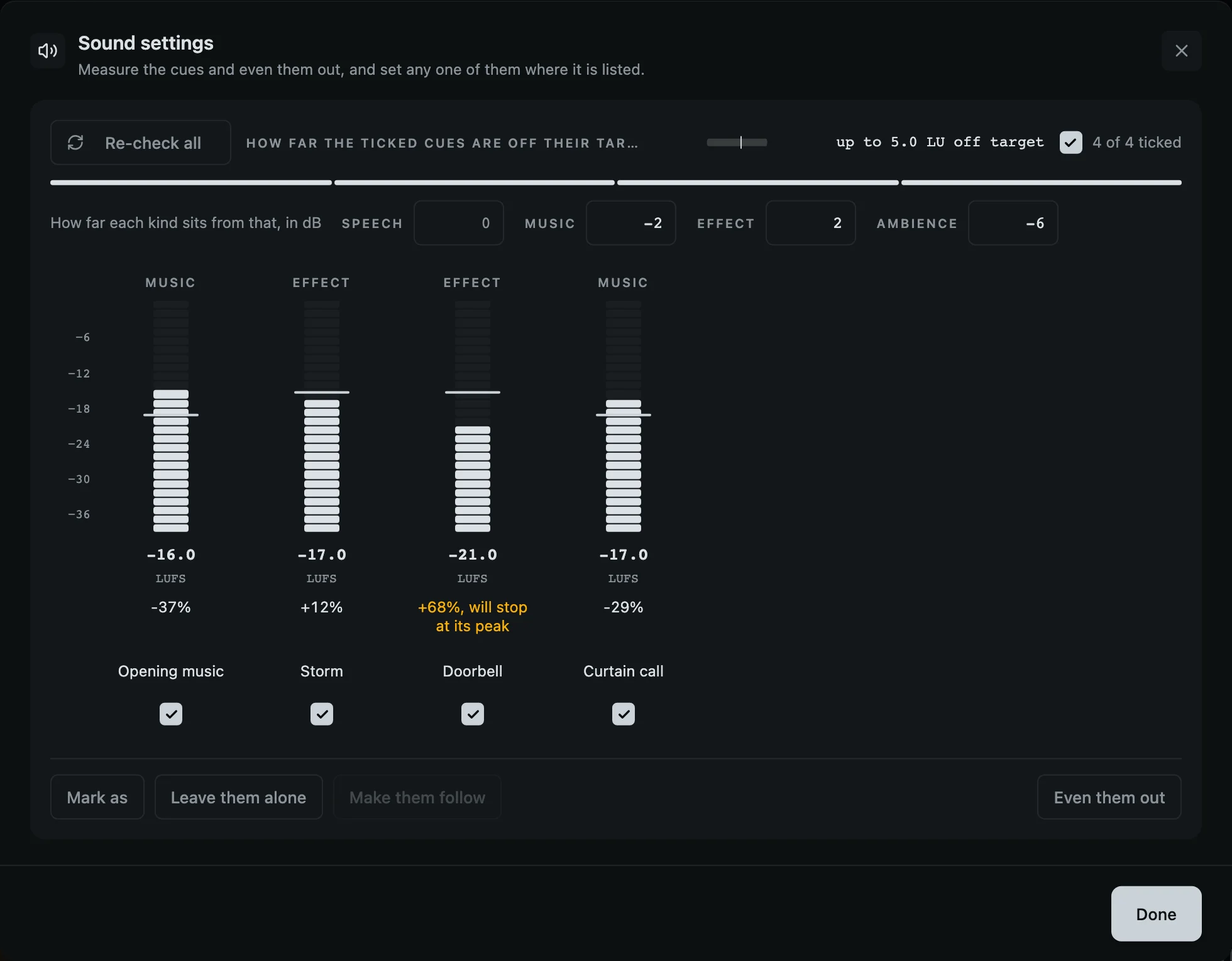 Sound settings in CueMonkey: four cues as meters, each marked music or effect, with its measured loudness and the change about to be applied, under how far each kind sits from the show's level.