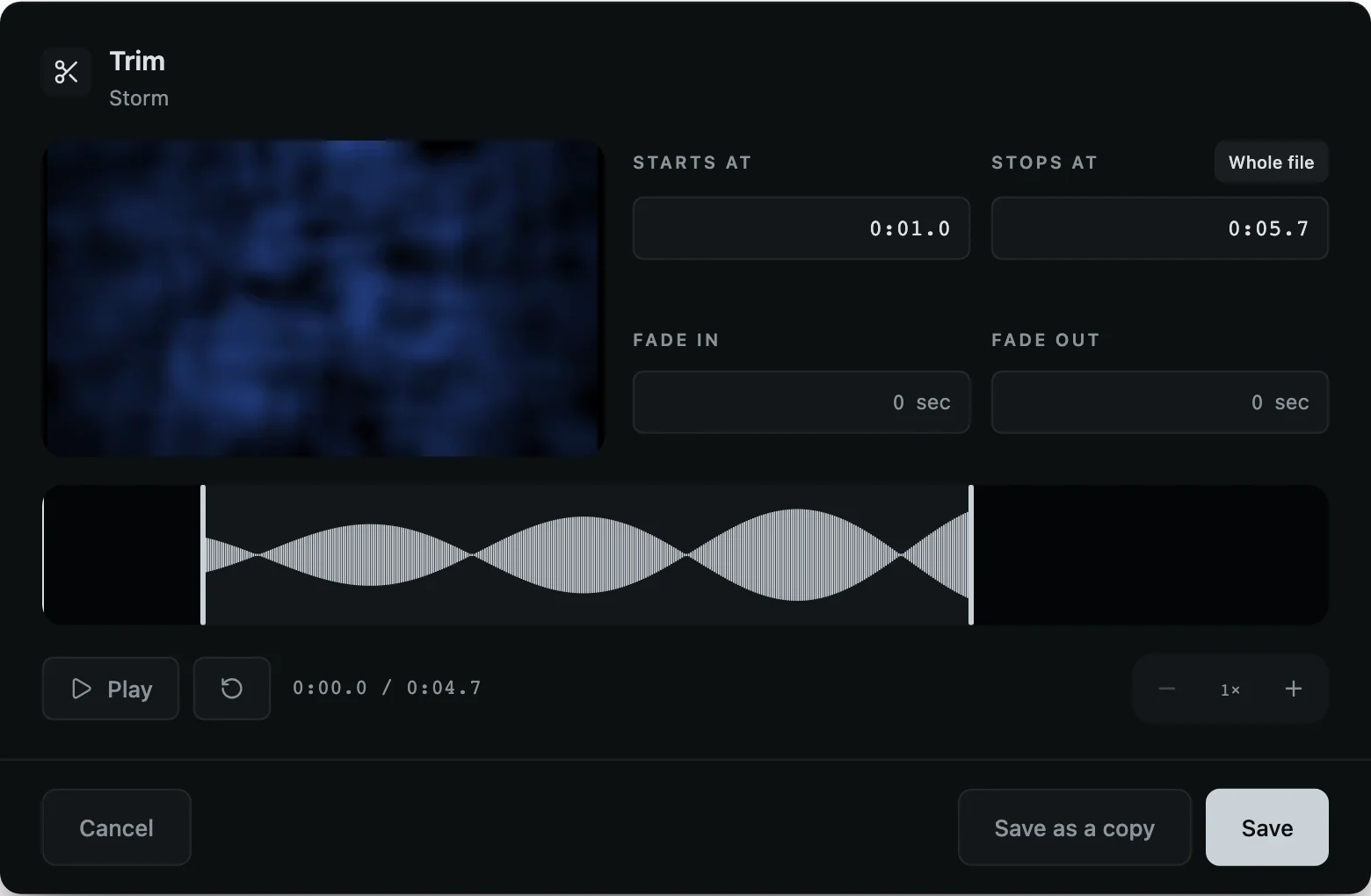 Trim in CueMonkey: the start and stop of a cue, its fades, and the waveform between them.
