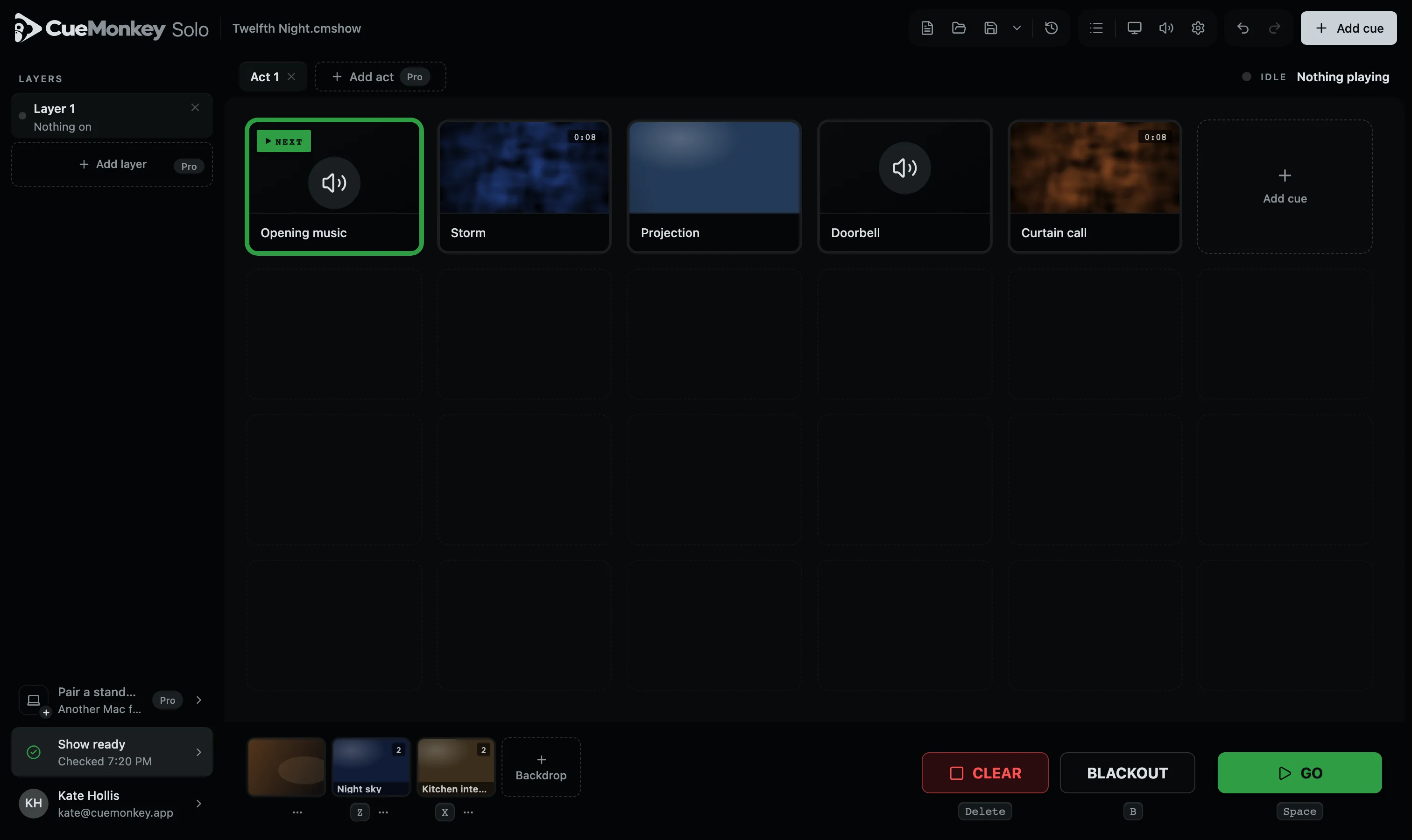 The running order in the CueMonkey console: Opening music, Storm, Projection, Doorbell and Curtain call, the next cue lit in green.